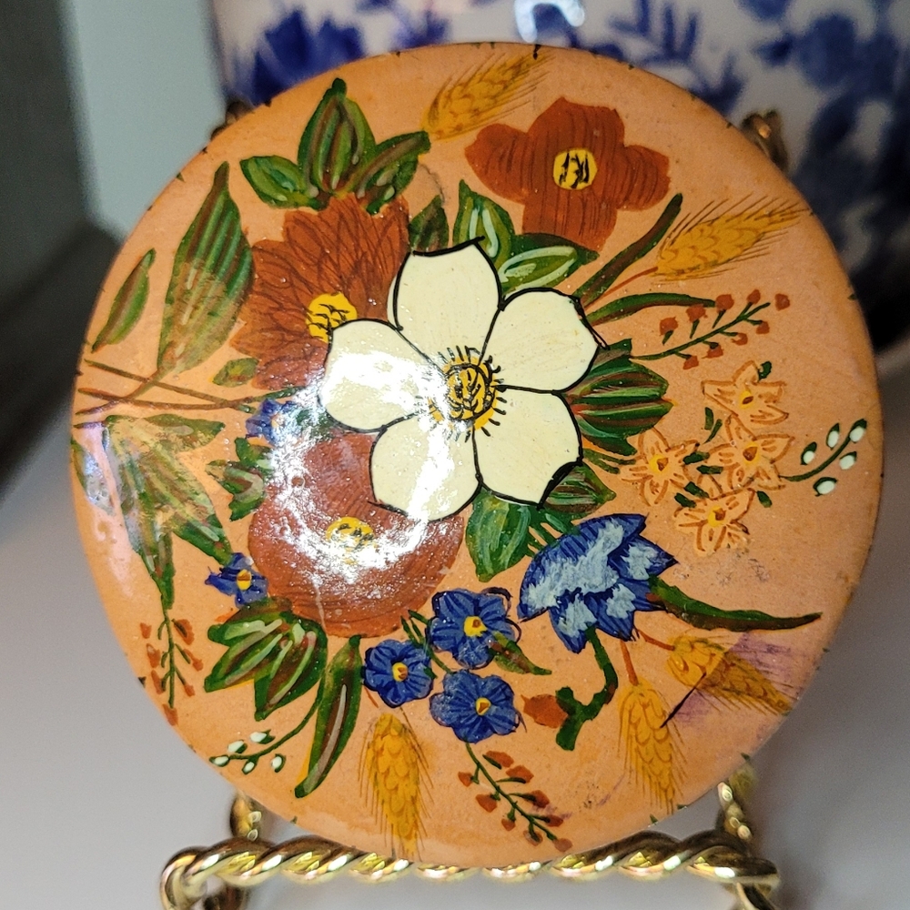 Vintage Lacquered Floral Trinket Box Handmade Handpainted